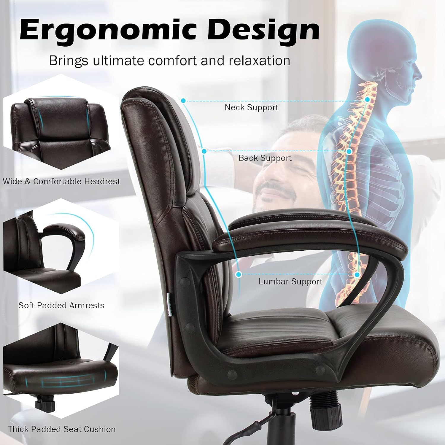 Task Chair Mid Back - Silla de oficina ergonómica de cuero,